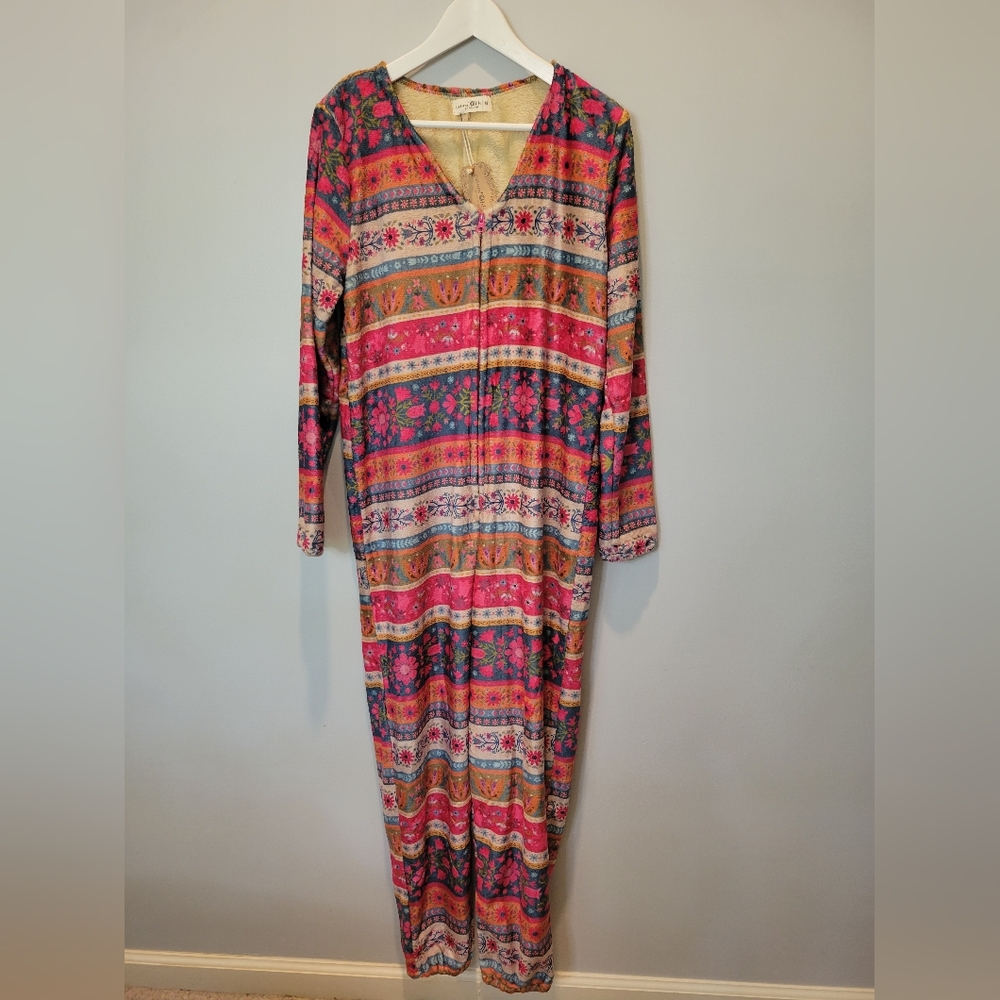 NWOT! Natural Life Zip Up Floral Stripes Boho Fleece Onesie Pajamas SZ M